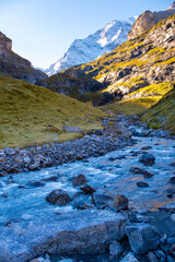 Switzerland Mountain valley Kiental, Berner Oberland Alps. Snow mountains, sunny weather, travel to Swiss.