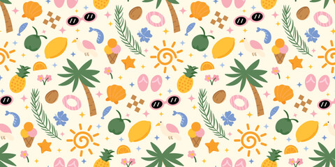 Summer seasonal seamless pattern background vector. Colorful wallpaper of tropical plant, hibiscus flower, coconut tree, fish, sunglasses. Summer cute design for fabric, prints, banner, packaging.