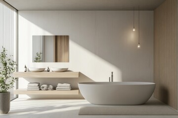 Modern bathroom interior featuring a freestanding white bathtub. dual sinks on a wooden vanity. and a large window with greenery. creating a serene and stylish atmosphere