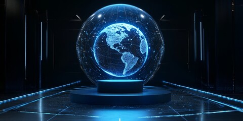 3D digital hologram of the Earth on an illuminated podium, surrounded by futuristic cyberpunk elements 