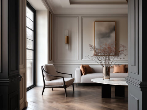 Aesthetic beautiful elegant  modern luxury interior design. Clear mock up empty wall for decoration in the apartment, painting frame. Copy space in the room.