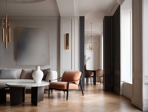 Aesthetic beautiful elegant  modern luxury interior design. Clear mock up empty wall for decoration in the apartment, painting frame. Copy space in the room.