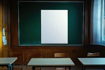 A spacious classroom featuring empty desks and chairs. with a large blank window frame on the green chalkboard wall. illuminated by natural light streaming in from the windows