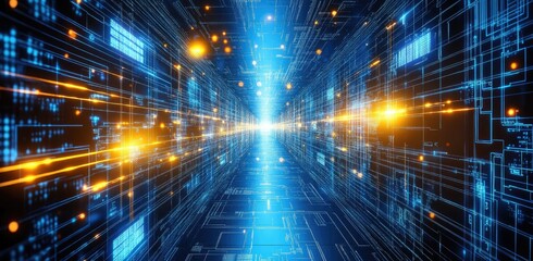 Fototapeta premium A futuristic data corridor illuminated by vibrant blue and orange lights. showcasing digital technology and motion. suggesting advanced data processing in a high-tech environment