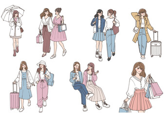 お出かけを楽しんでいる女性たちのイラストセット