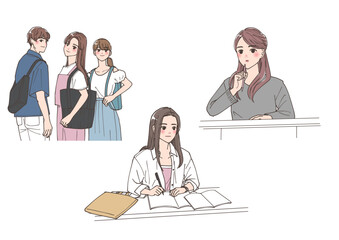 大学生活を楽しんでいる若い男性、女性たちのイラストセット