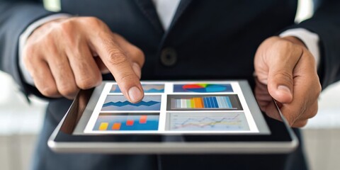 A business professional interacts with a tablet displaying various data charts and graphs, emphasizing technology in analytics.