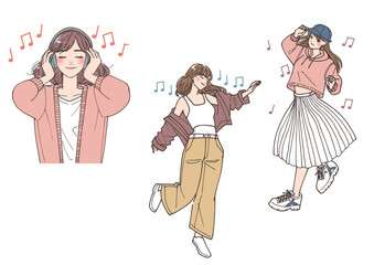 音楽に乗っている若い女性たちのイラストセット