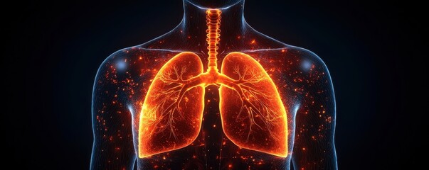 Visualization of human lungs with glowing details showing anatomy and health