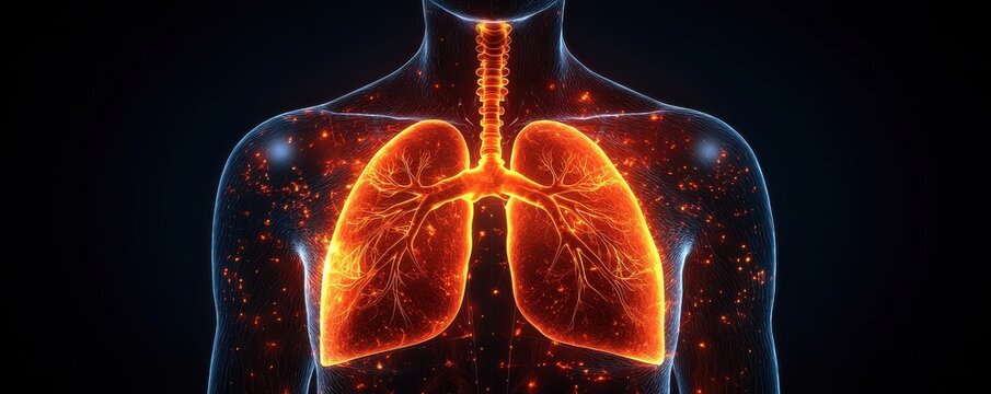 Visualization of human lungs with glowing details showing anatomy and health