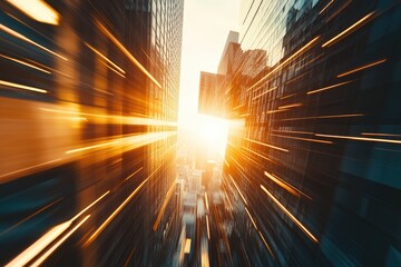 Golden sunset illuminating a city skyline with high-rise buildings. creating a warm atmosphere and soft bokeh effects in the foreground. ideal for urban lifestyle themes