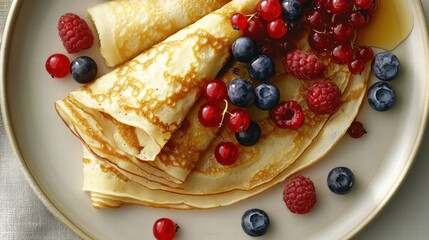 Thin pancakes with various berries, top view