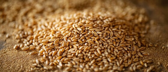 Obraz premium Pile of Golden Wheat Grains Close Up Macro Shot on Wooden Surface for Baking and Agriculture Concepts Studio Shot