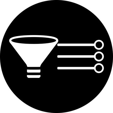 Circular Filter Icon: Wide Funnel Data Flow (White/Transparent on Black)