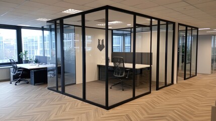 Fototapeta premium Modern office workspace partitioned by glass walls.