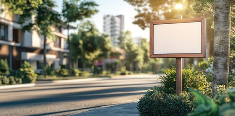 A serene suburban scene showcasing a blank signpost in a lush green yard. with a cozy house in the background. perfect for real estate or community announcements