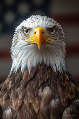 Obraz premium Close-up of a majestic bald eagle with an American flag background