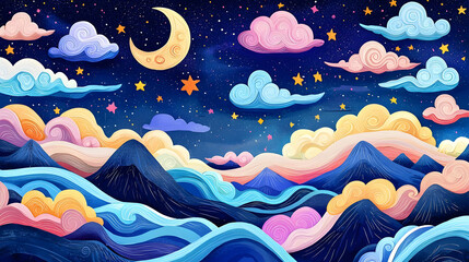 Dreamy Night Sky with Colorful Clouds and Mountains in Artwork
