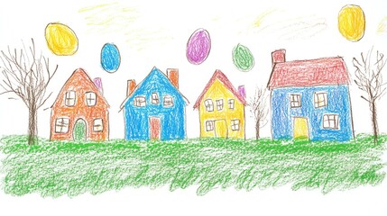 A colorful children's drawing depicting a row of houses with vibrant Easter eggs in the foreground. set against a bright sun and whimsical trees. showcasing festive creativity