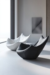 Modern Interior with Black and White Leather Chairs near Window, Minimalist Design, Bright Studio Shot, Contemporary Style