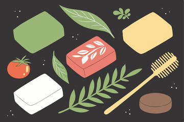 85 natural organic soap bars, green leaf, red tomato, green moss texture, orange soap, brown hairbrush, black pebble, white soap, pink soap, honeycomb, dark background