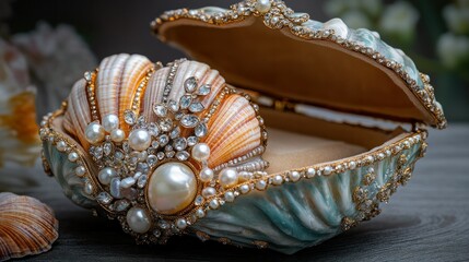 Obraz premium Elegant sea covered with pearls and rhiones inside ornate jewelry box with soft background and floral accents for decorative display or luxury themed concept