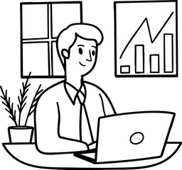 A man working on a laptop at a desk with a plant and a chart in the background, in a simple line drawing style.