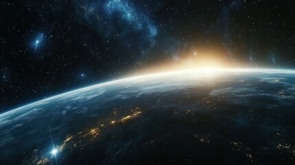 Wide-angle view of the Earth from space du sunrise showing detailed landmasses and illuminated city lights with a starry background and glowing horizon