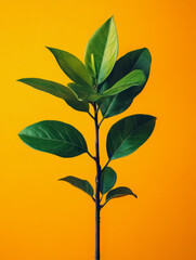 Green plant with leaves on vibrant yellow background.