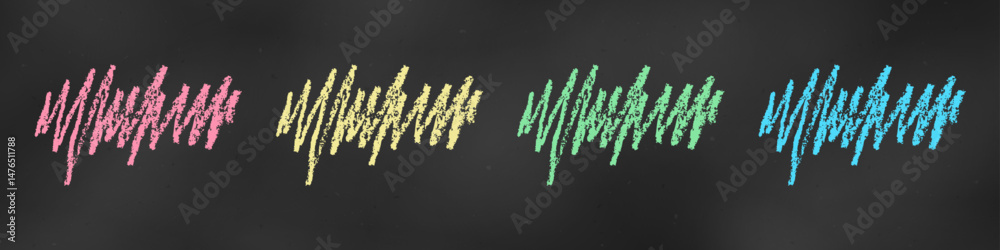 Wall mural realistic chalk drawn sketch. set of design elements zigzag scribbles isolated on chalkboard backdro