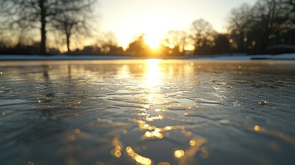 Icy lake reflects warm sunrise with trees in background