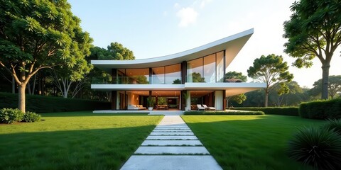 Modern Architectural Design A Luxurious Residence Embraces Natural Surroundings with Expansive Glass Walls and a Serene Landscaping