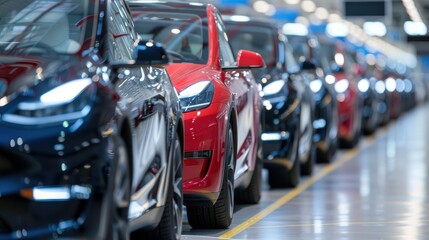 A line of new electric cars at an automotive manufacturing plant.