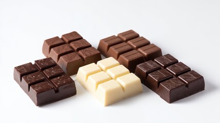 Fototapeta premium A white and brown chocolate bar sits on a white surface, with four other chocolate bars in the backg