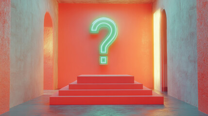 Neon question mark on orange steps in an empty corridor
