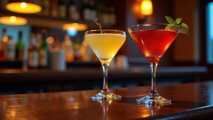 Two Refreshing Cocktails Resting on a Polished Bar Top in a Warmly Lit Establishment