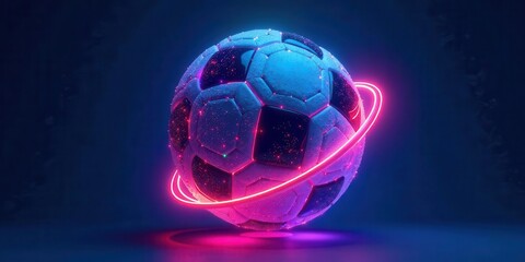 Naklejka premium Futuristic glowing sphere, vibrant neon light trails encircling a wet leather ball, futuristic sports concept