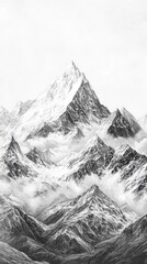 Majestic mountain range drawing in monochrome with snow capped peaks and misty valleys artistic rendering