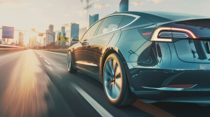 An electric car driving on a highway with a focus on its battery pack.