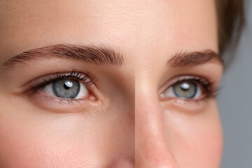 Obraz premium Comparison of eyebrows before and after professional shaping on a clean white background.
