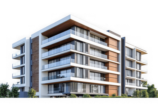 Modern apartment building facade on transparent background