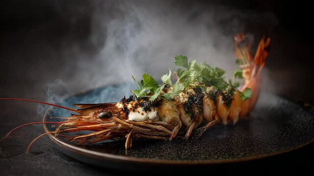 Close up view of a grilled shrimp on a dark plate, garnished with herbs and a dark sauce. Steam rises from the dish against a dark background. 
