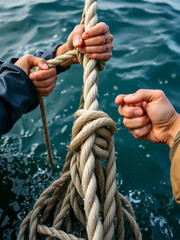 Hands gripping wet ropes as fishermen struggle against the weight of their haul