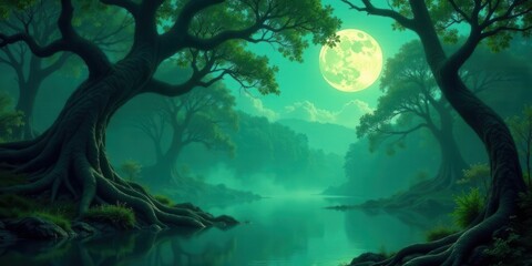 Serene moonlit river scene with ancient trees, lush vegetation, and a mystical atmosphere