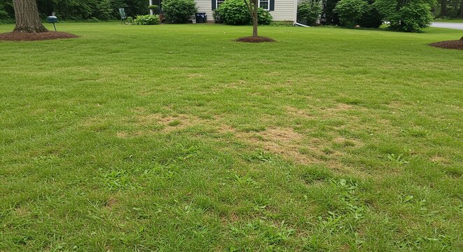 Suburban Lawn: Patchy Green Grass and Subtle Brown Hues