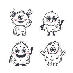 set of cartoon monsters. Cute monsters doodle. Kids funny character design for posters, cards, magazins. Line. Vector illustration
