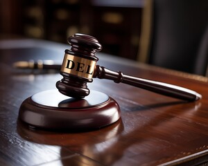 Judge's gavel with "DEL" inscription on a wooden table.