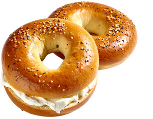 Two bagels with cream cheese isolated on white background. Suitable for marketing or business purposes. PNG file