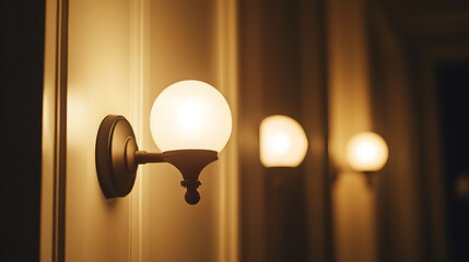 Wall-mounted spherical light fixtures in a dimly lit corridor