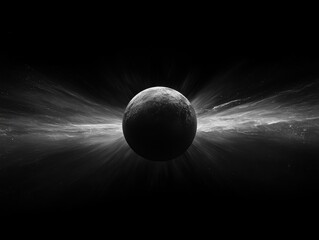 Dramatic black and white rendering of a planet with light streaks emanating from it in cosmic space digital art